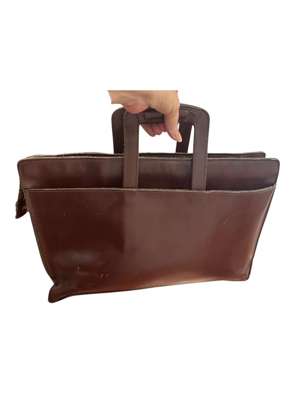 VTG LEATHER 3 POCKET BRIEFCASE TOTE W RETRACTABLE HANDLES GRANDPA CORE 17” X 11"